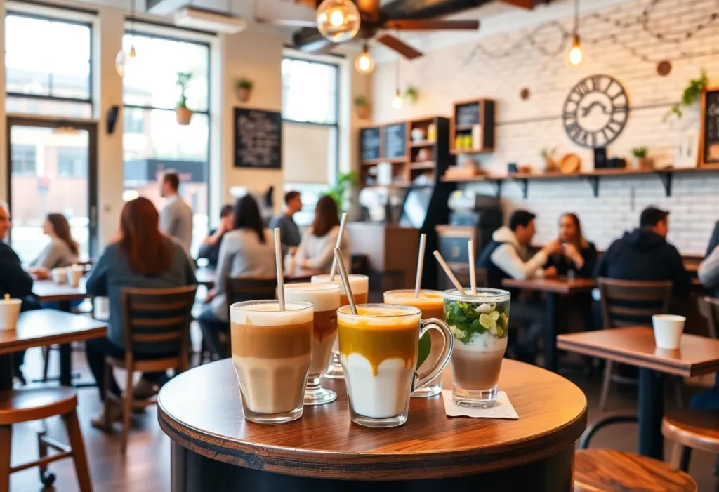 A bustling coffee shop in Charlotte with patrons enjoying their drinks.
