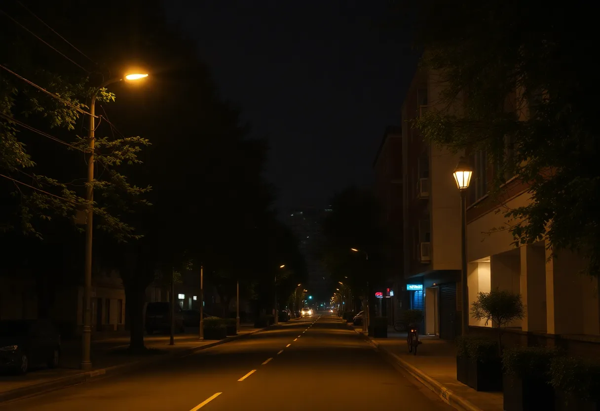Night view of a quiet urban street in Charlotte, N.C.