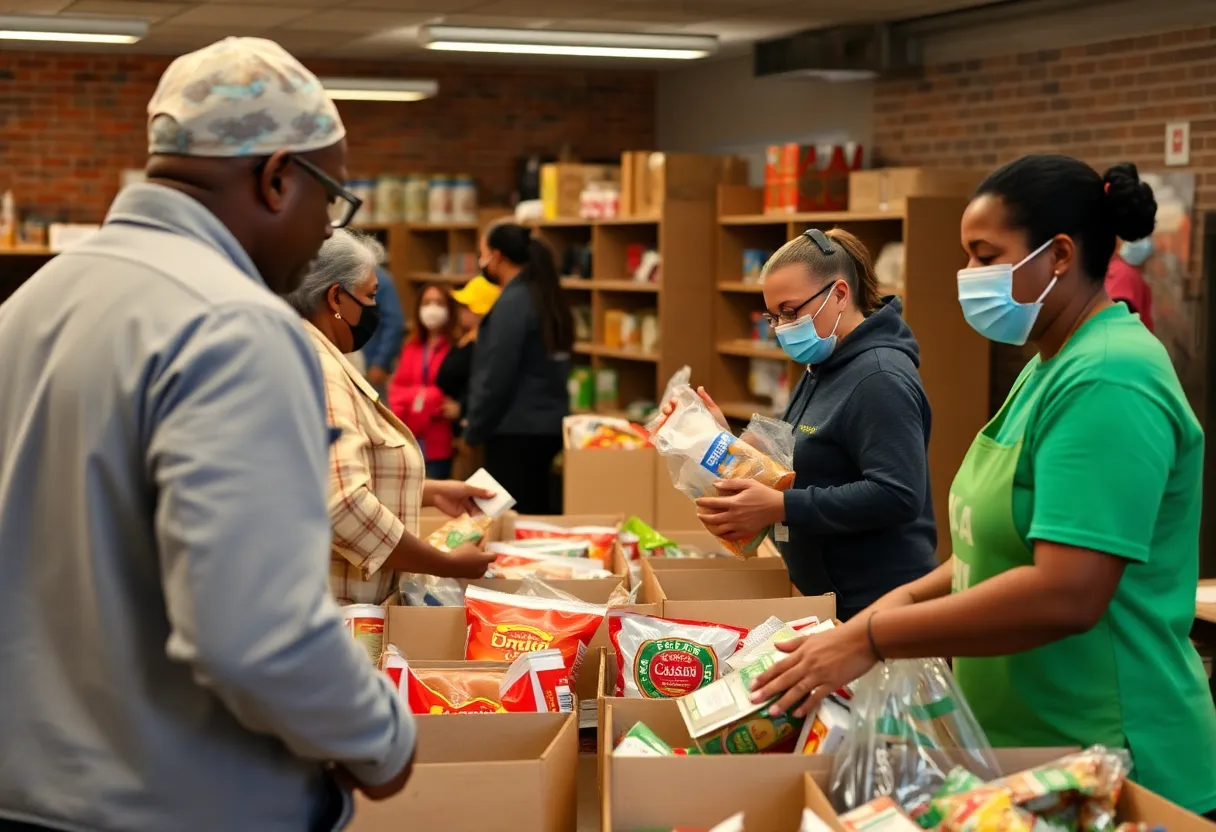 Volunteers at a food pantry in Charlotte distributing food assistance.