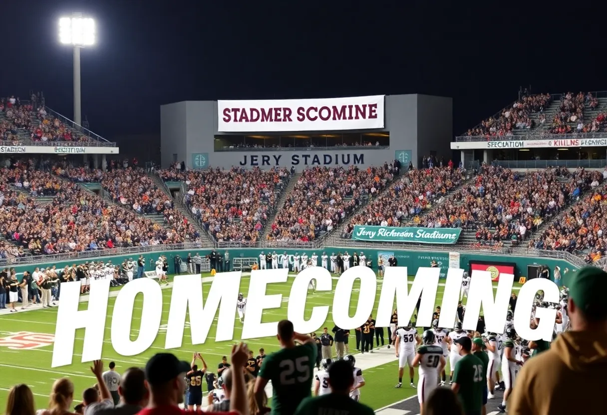 Fans cheering during the Charlotte Football homecoming game at Jerry Richardson Stadium.