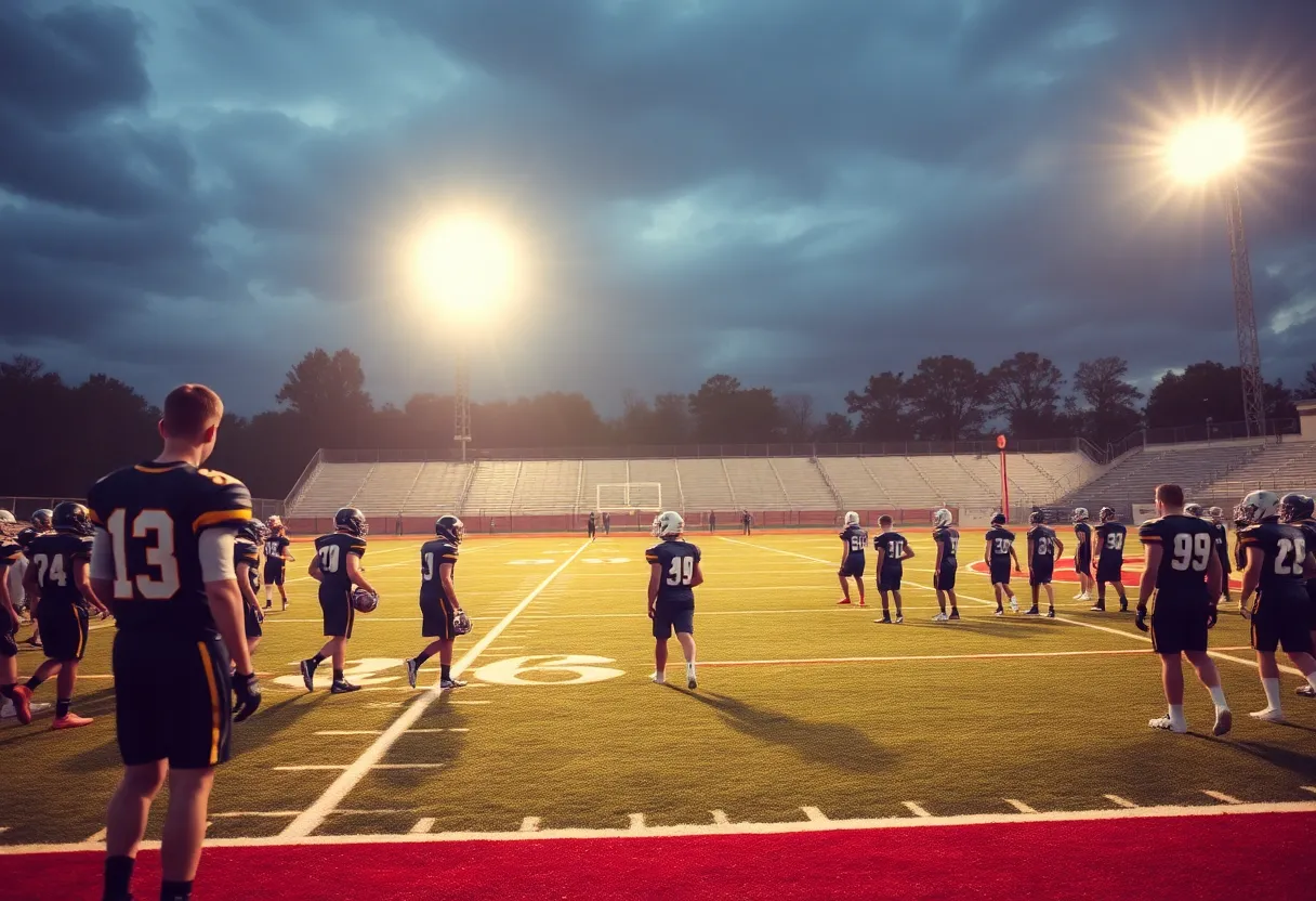 High school football players on the field preparing for a game.