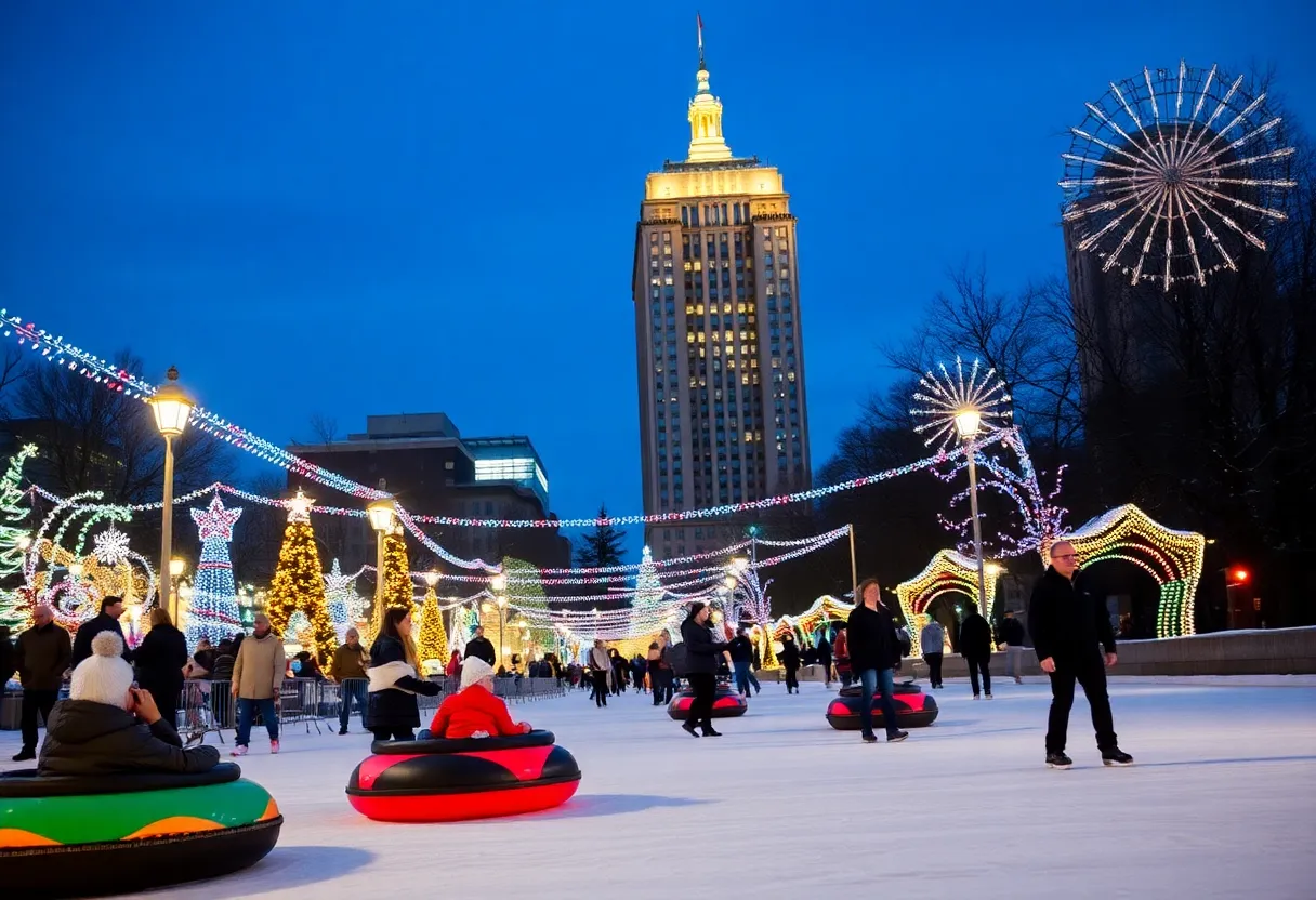 Families enjoying Charlotte's holiday events with festive decorations and lights.