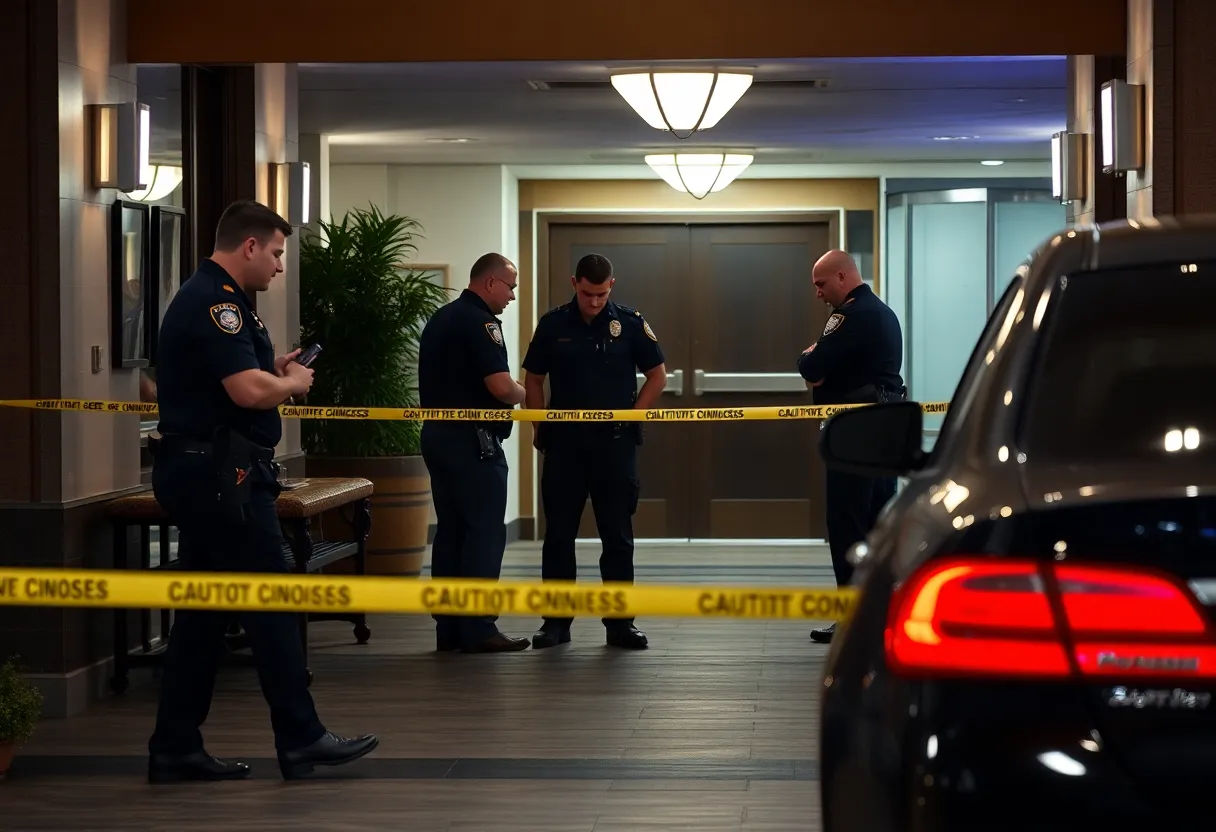 Police officers investigating a shooting incident at a hotel in Charlotte.
