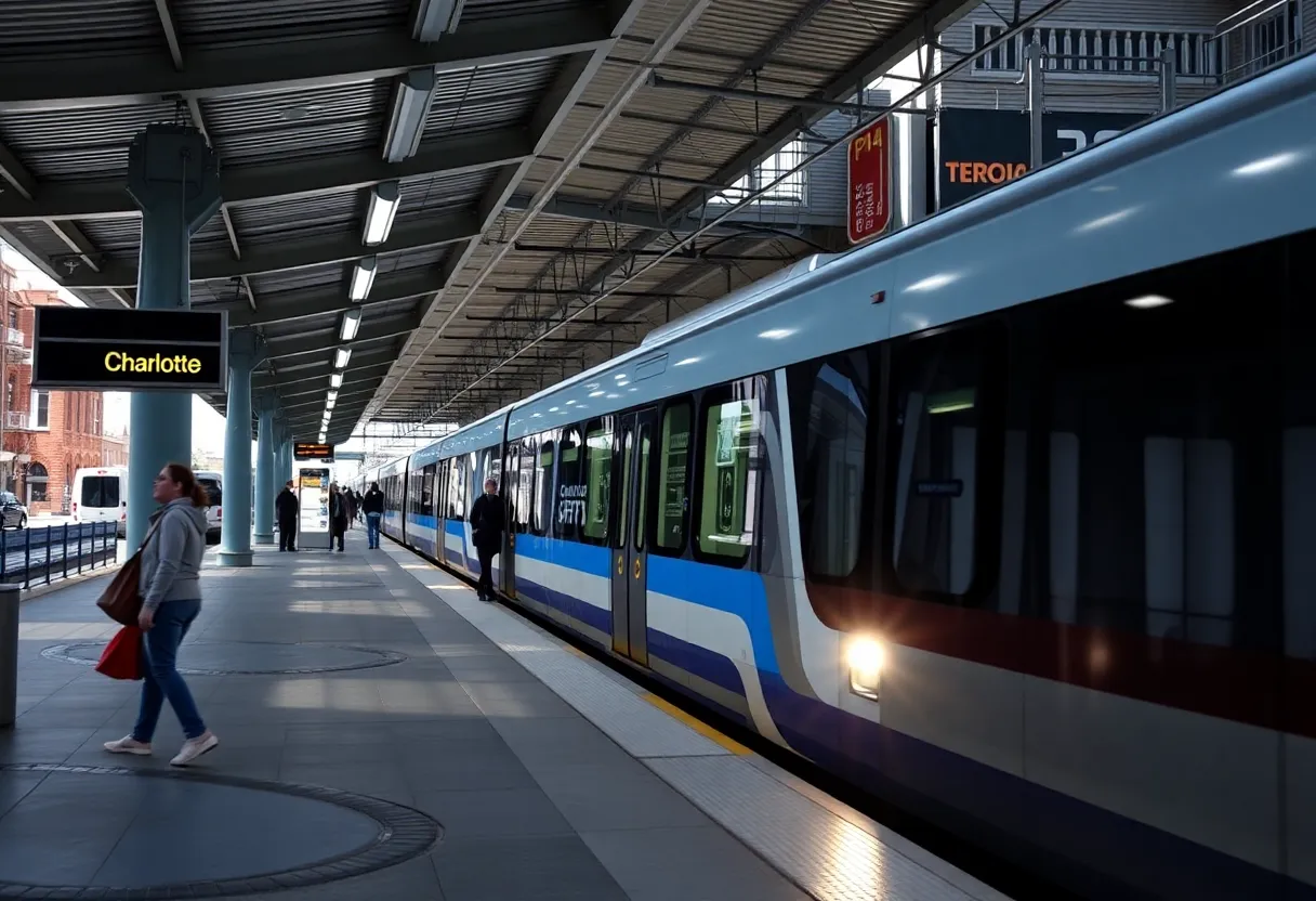 People at a Charlotte light rail train station