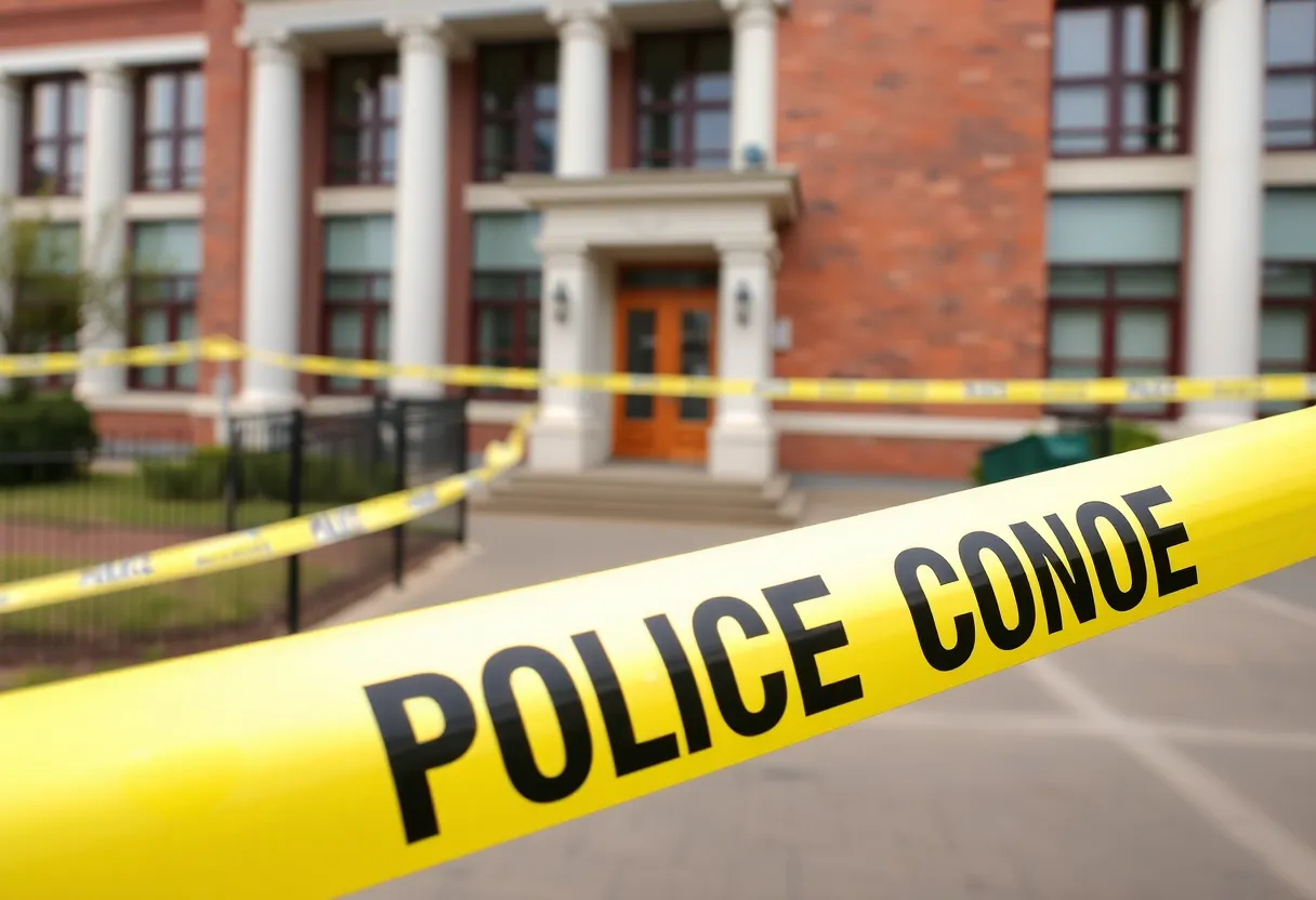 Police officers investigating an incident outside a school building