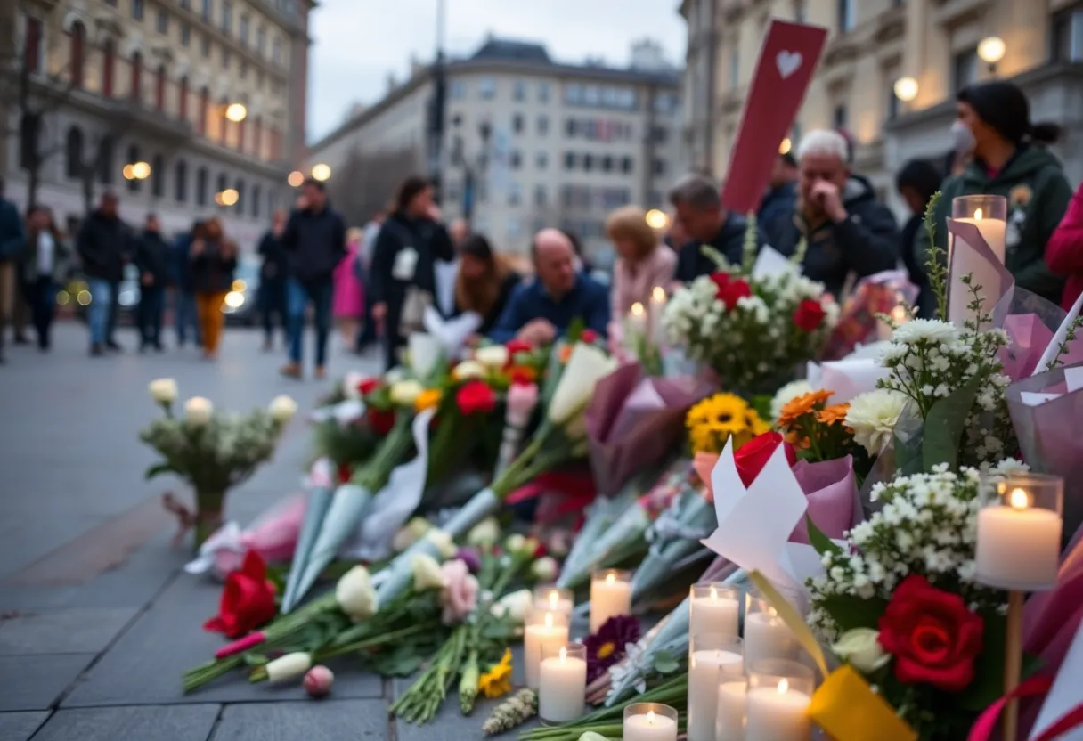 Makeshift memorial with flowers and candles honoring a victim of violence.
