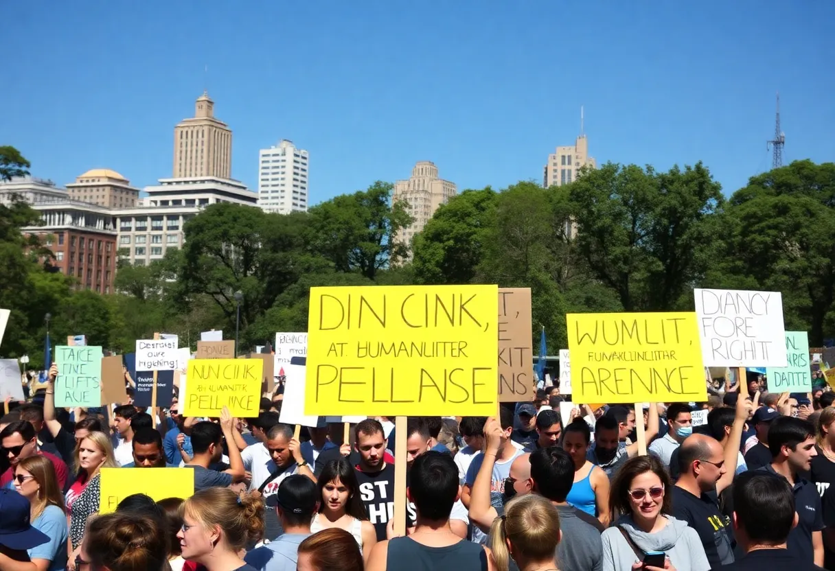 Charlotte rally participants holding signs about democracy and human rights