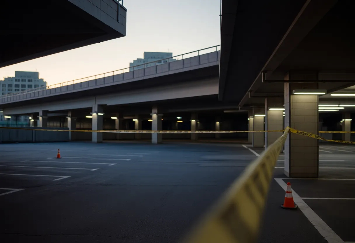 Empty parking deck of a shopping center with police lights flashing