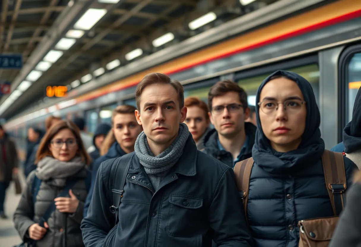 Commuters at a Charlotte transit station looking worried