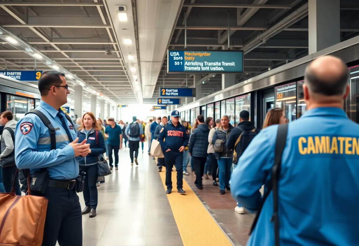 Security personnel at a Charlotte transit station overseeing commuters.