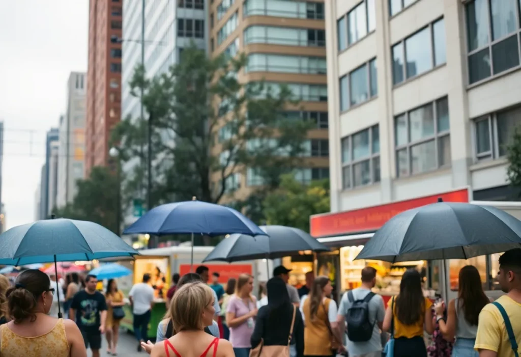 People enjoying outdoor events in Charlotte with umbrellas