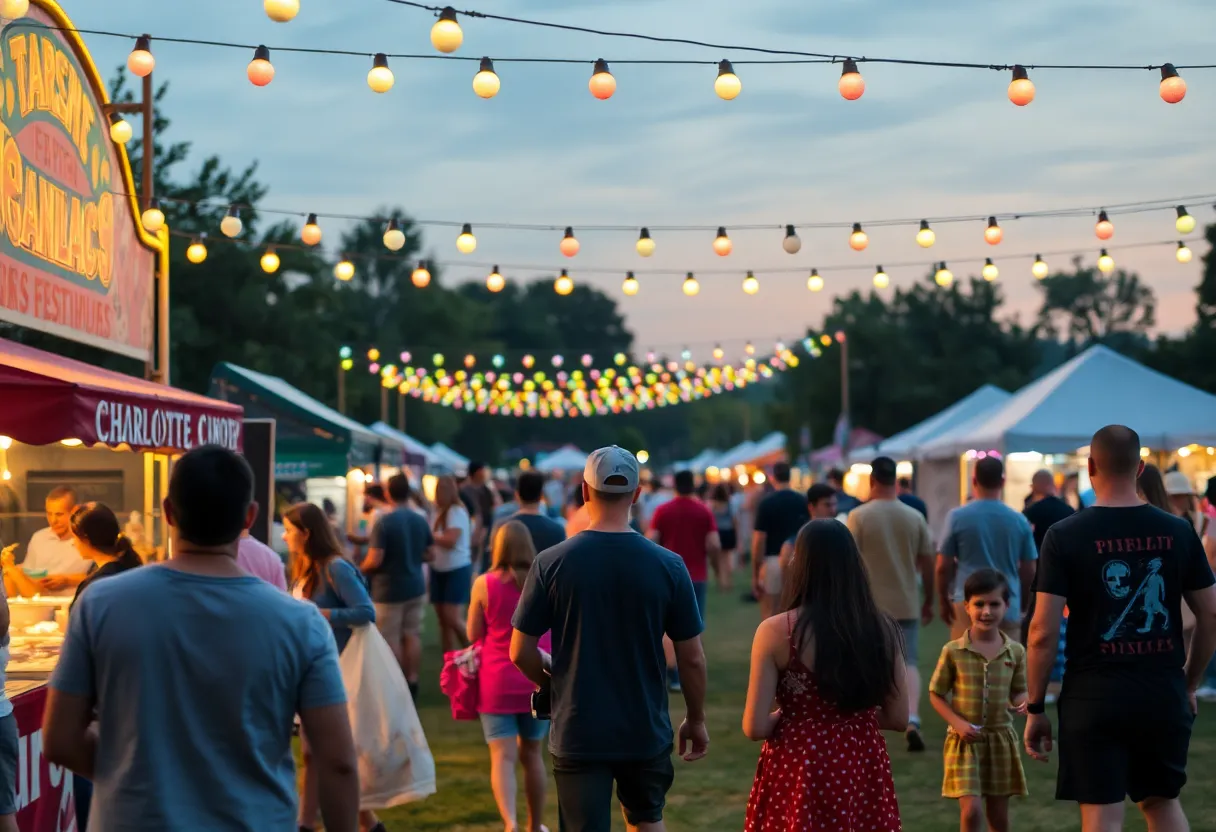 Crowd enjoying a festival in Charlotte with music, food, and activities
