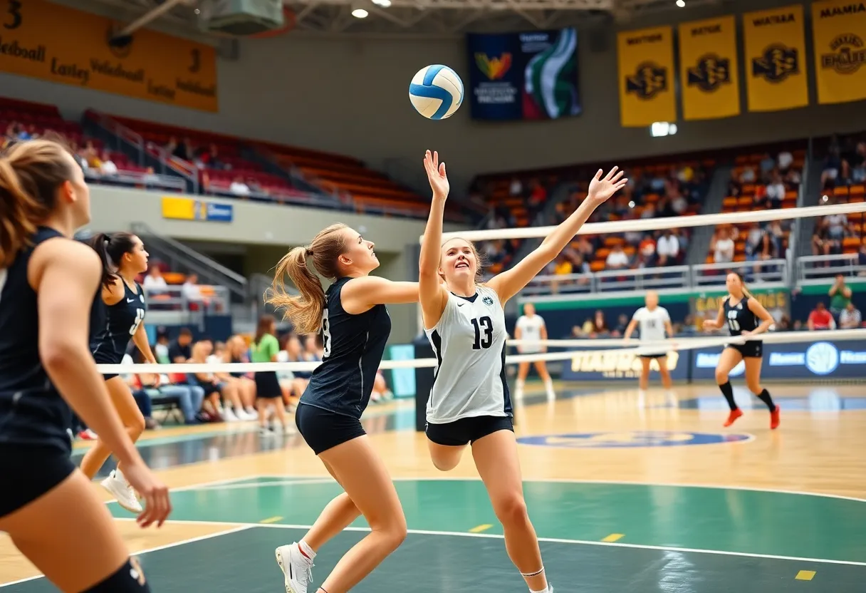 An action shot of the Charlotte women's volleyball team during a match.