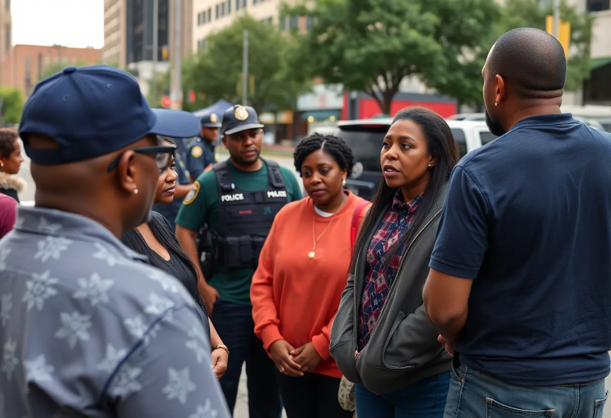 Residents of Charlotte discussing crime concerns with police in the background.