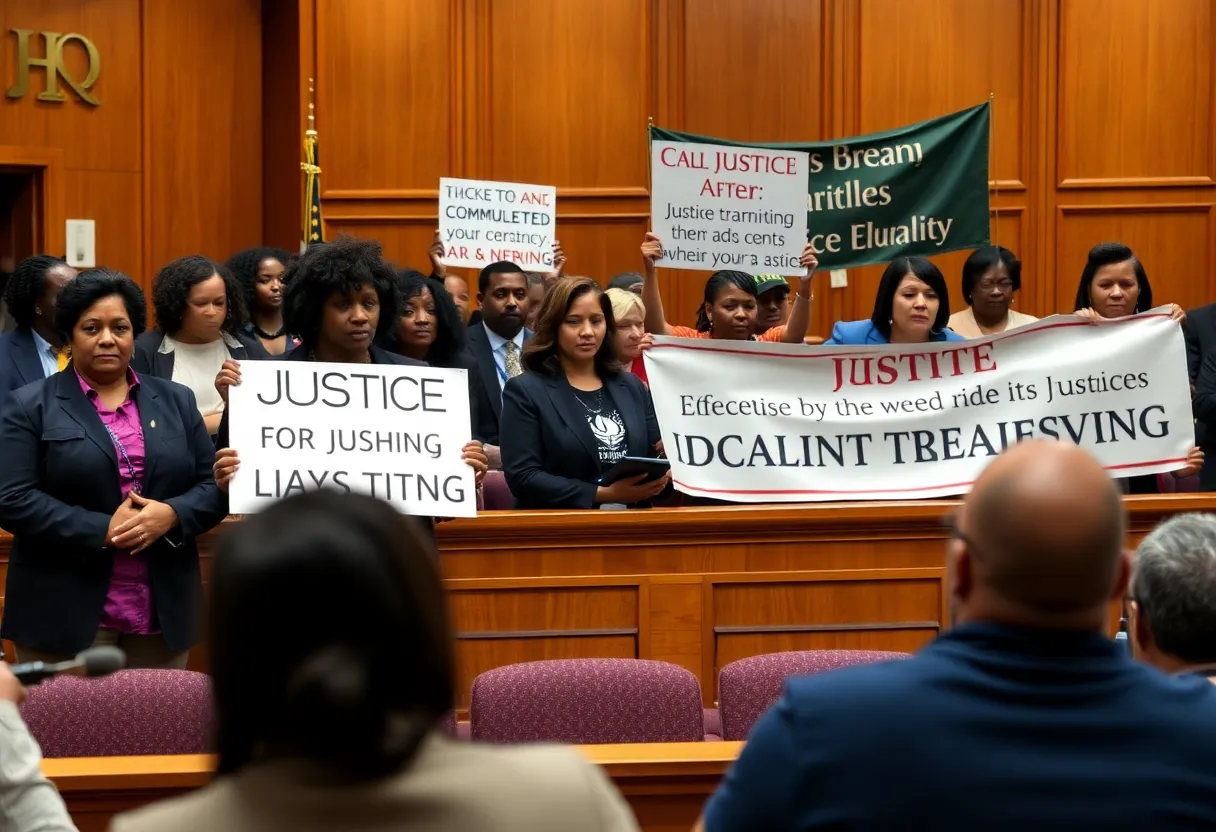 Community gathering in courtroom advocating for justice