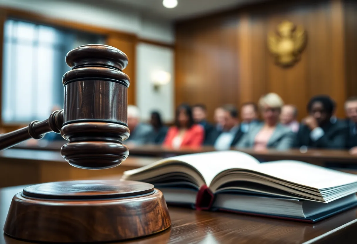 A courtroom scene with legal elements