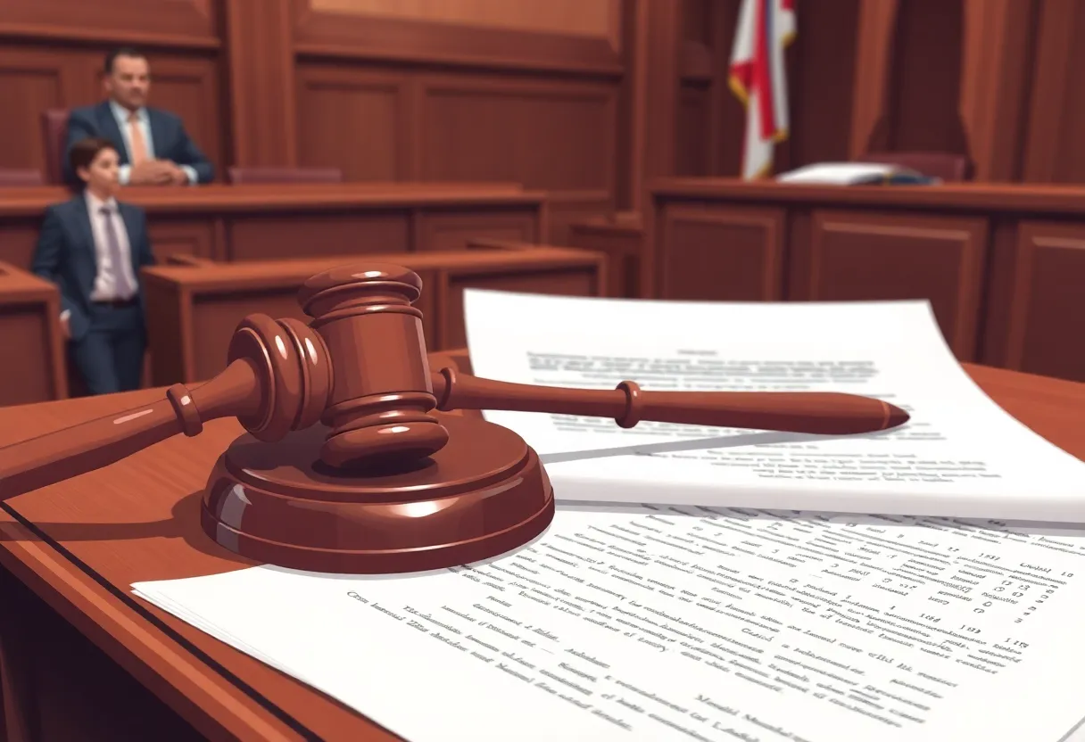 Courtroom with gavel and legal documents