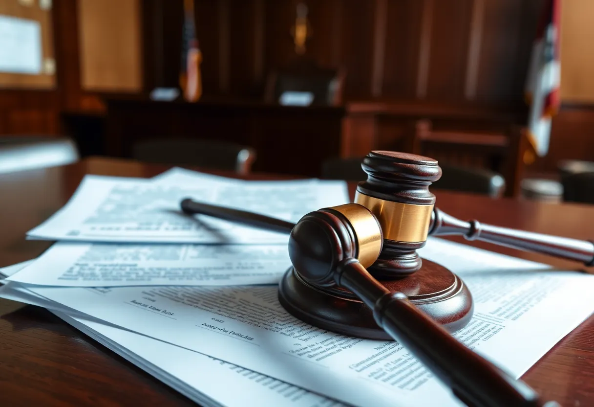 A courtroom with legal documents on the table and a gavel