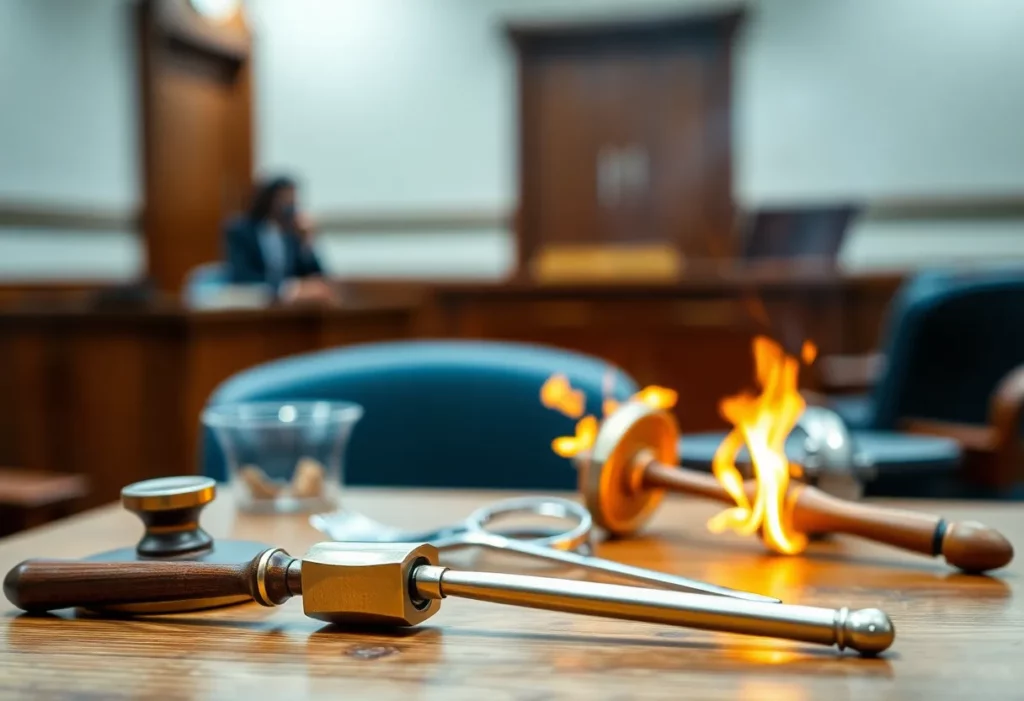 Courtroom scene showing a chaotic therapy environment symbolizing a legal case