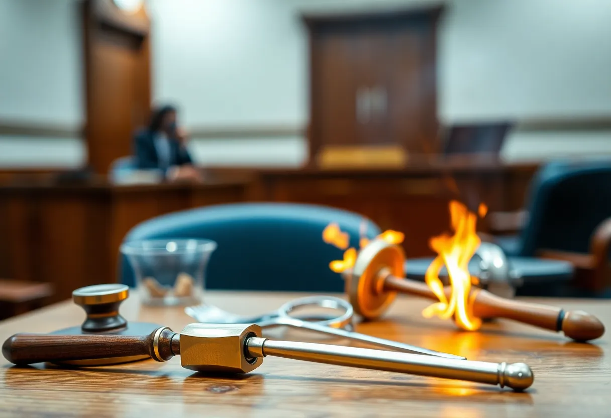 Courtroom scene showing a chaotic therapy environment symbolizing a legal case