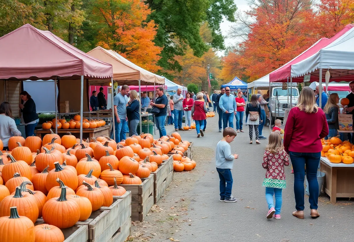Families enjoying a fall festival in Charlotte NC with pumpkins and local vendors.
