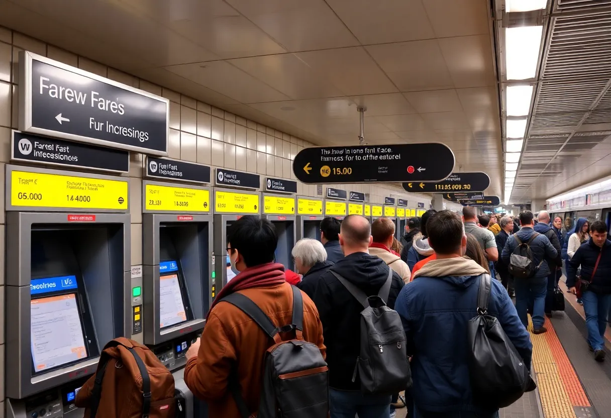 Crowded subway station with fare increase signs