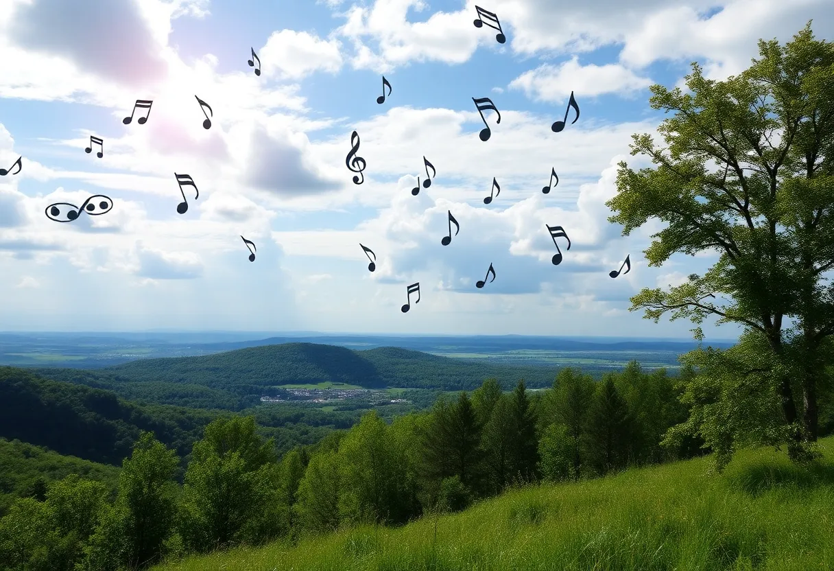Conceptual image symbolizing music and tribute in a serene landscape