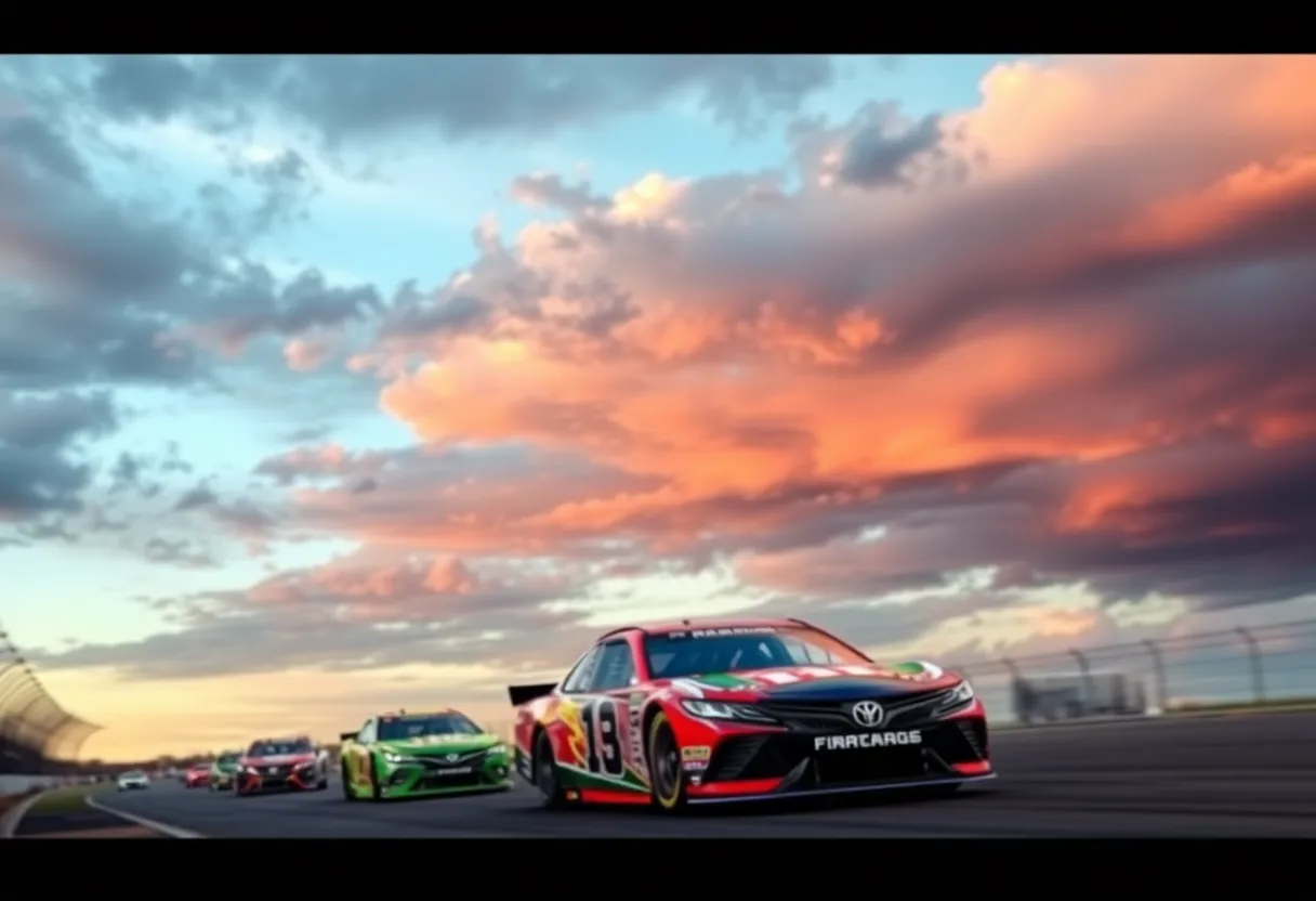 Cars racing on a NASCAR track with vibrant colors
