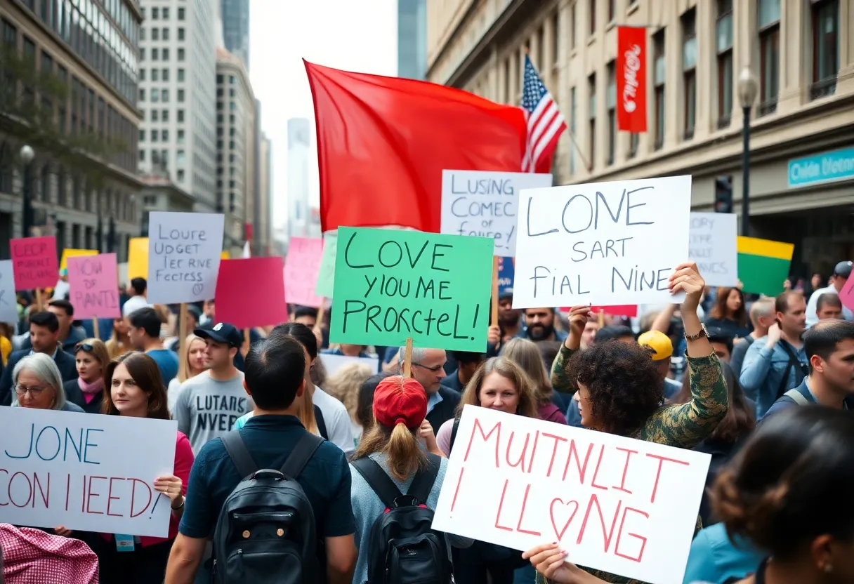A large crowd participating in the No Kings 2 protest in North Carolina, holding signs and banners.