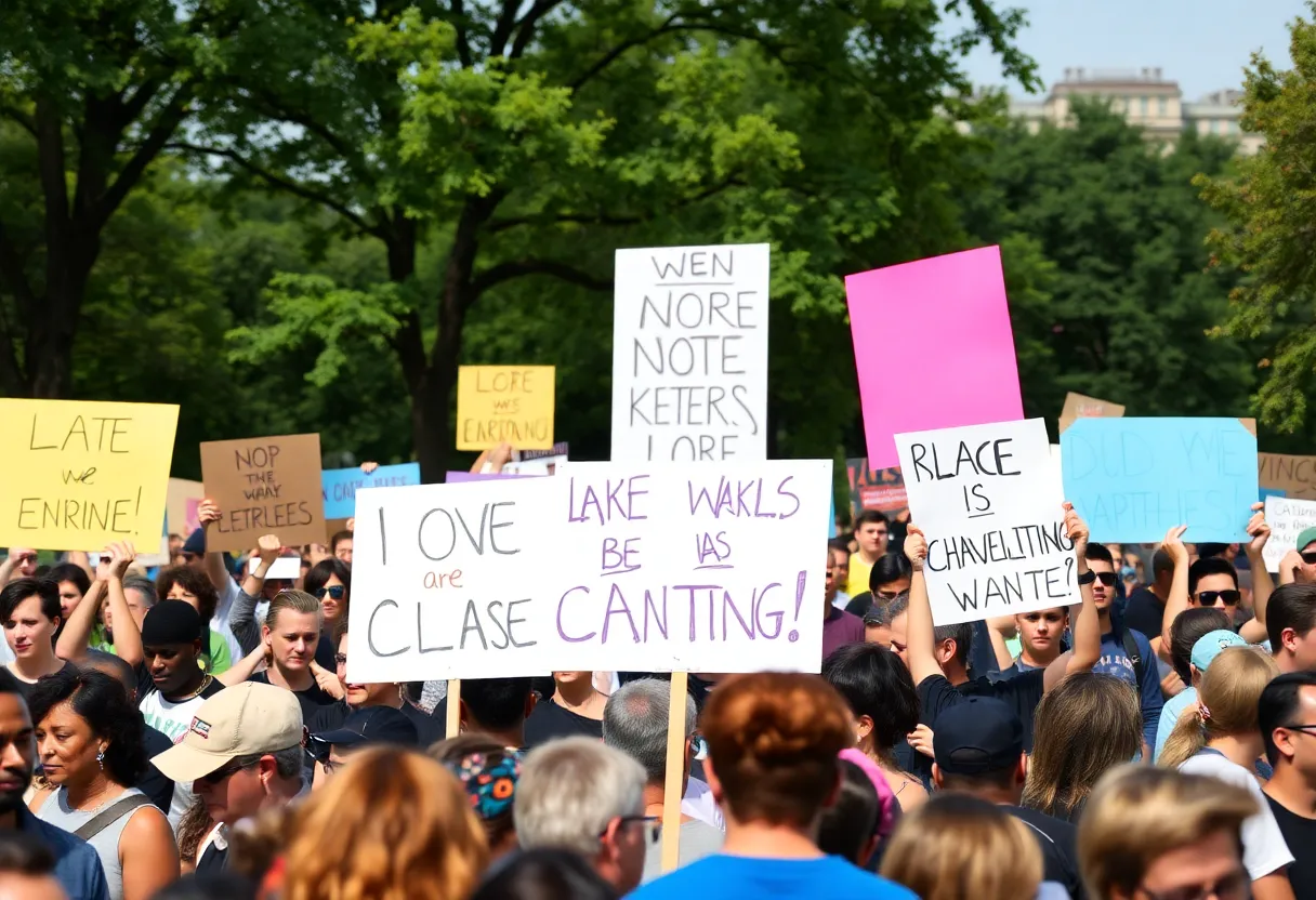 Crowd of protesters holding signs at the No Kings protest in Charlotte