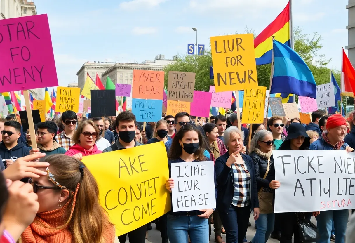 Participants at the No Kings protests in North Carolina, holding colorful signs and wearing costumes.