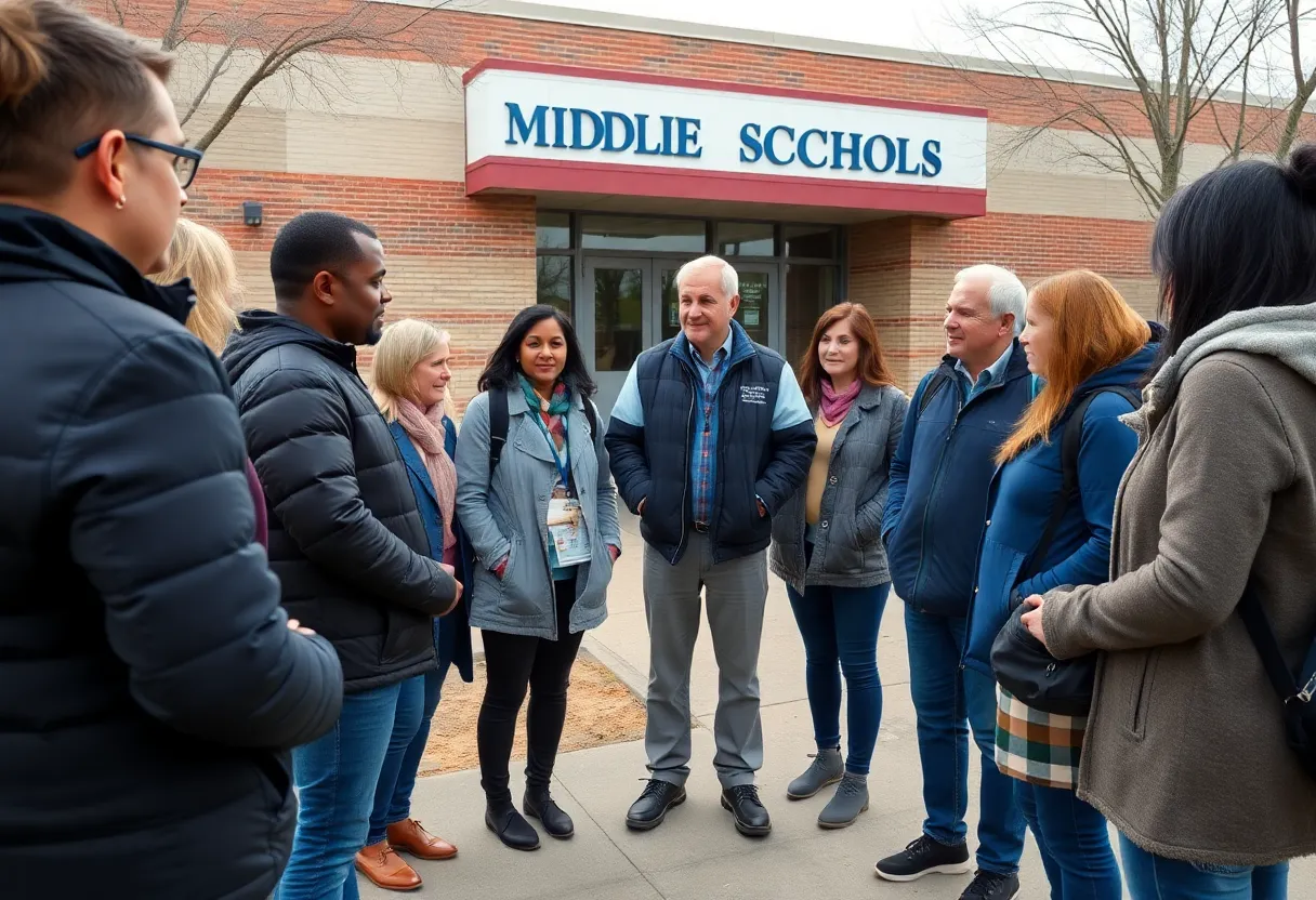 Group of parents discussing safety concerns outside Piedmont Middle School