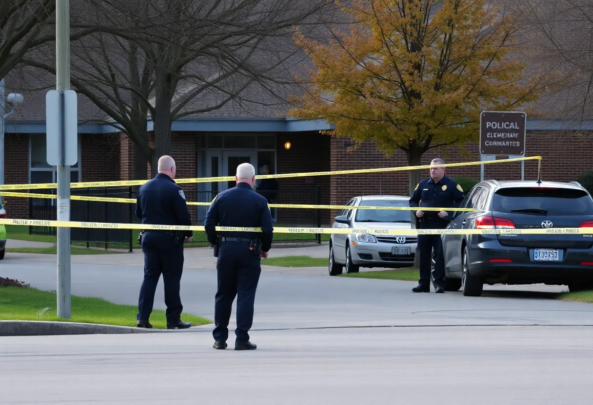 Police officers investigating a shooting scene near an elementary school.