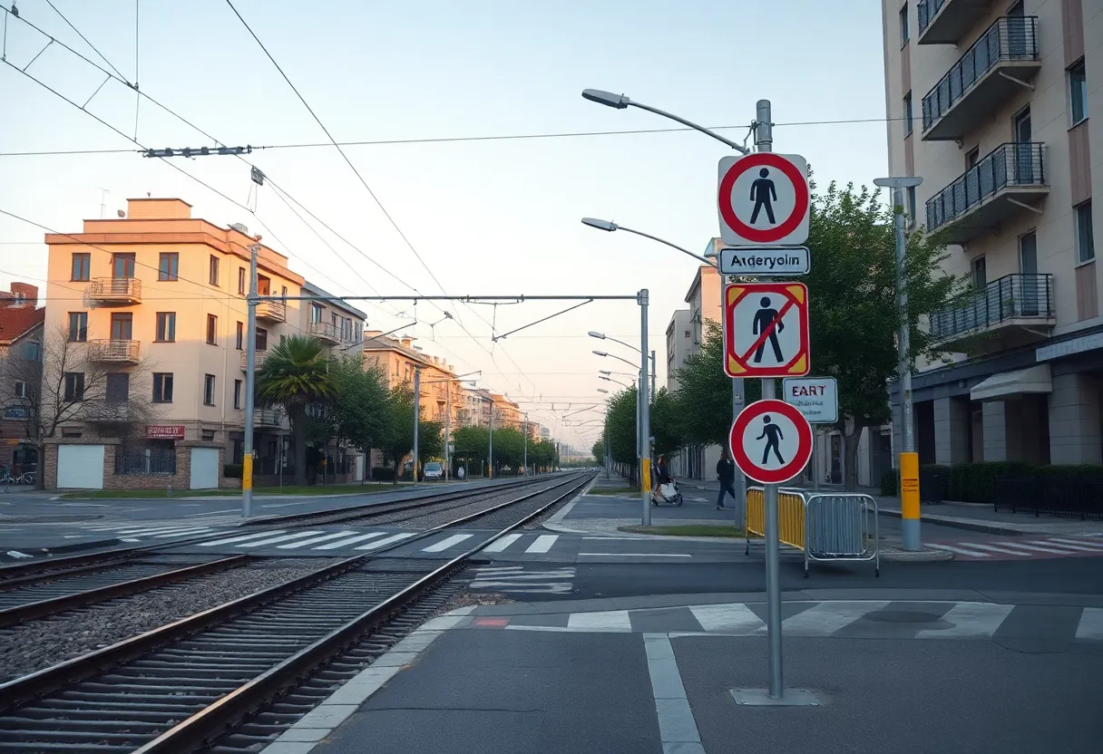 Safety signage at a railway crossing in a neighborhood