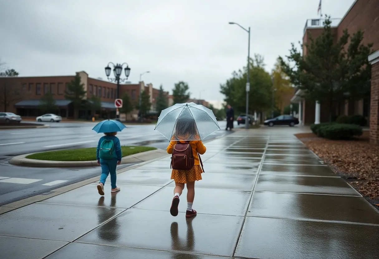 Children walking with umbrellas on a rainy day in Charlotte, NC
