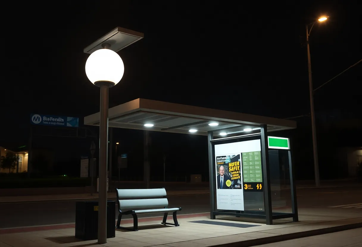 Solar-powered lighting illuminating a bus stop during night time.