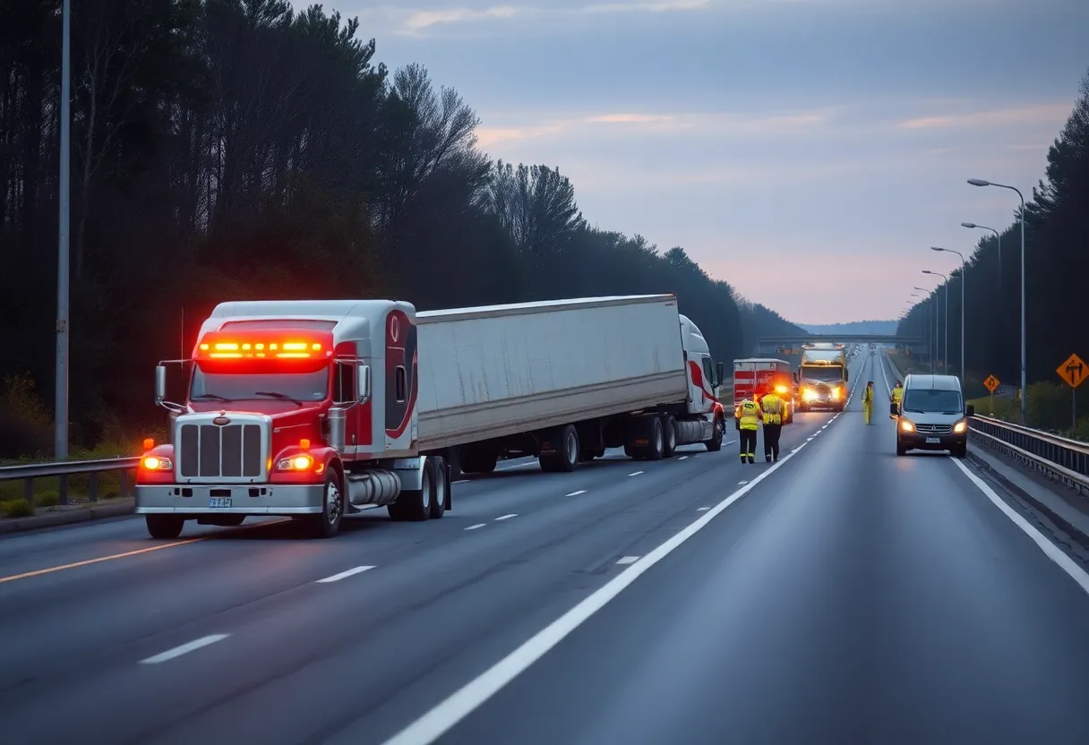 Flipped tractor-trailer blocking I-485 with emergency responders.