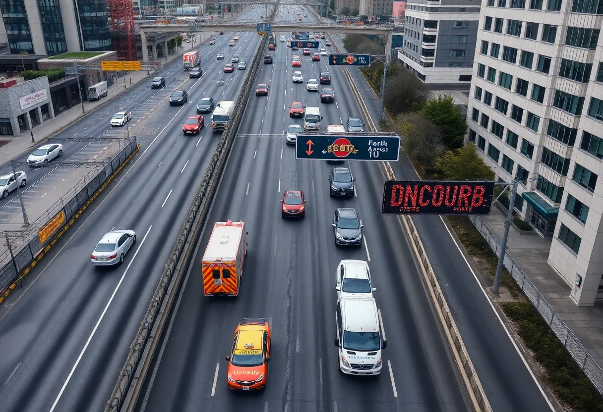 Aerial view of a congested Interstate 77 with emergency response teams.