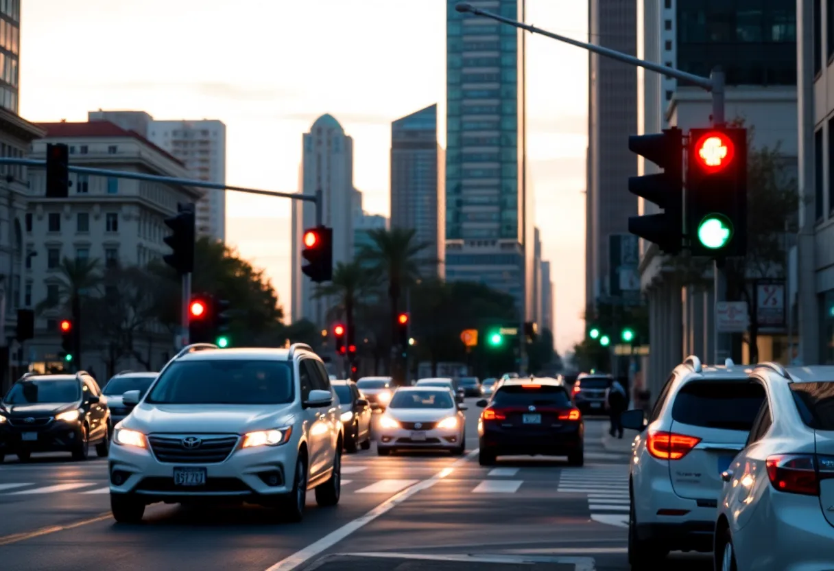 Urban traffic scene in Charlotte, showcasing vehicles and a crosswalk.