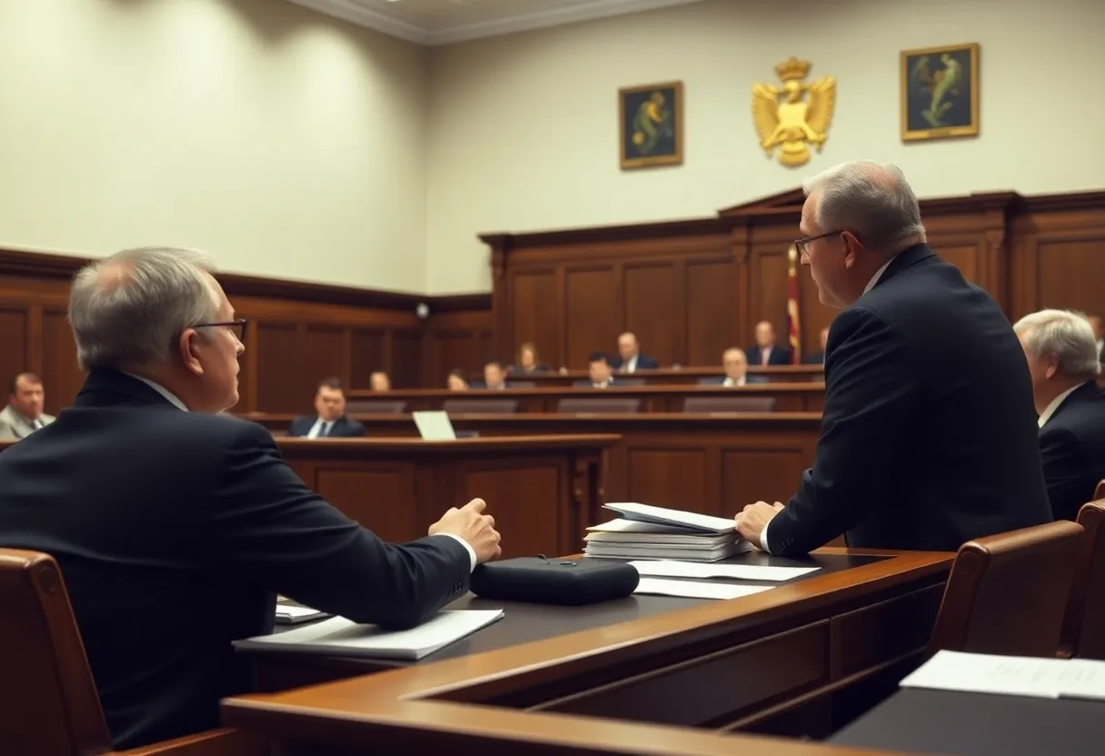 A courtroom with legal professionals discussing case details.