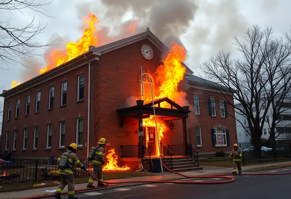 Firefighters controlling a fire at Wilmore School