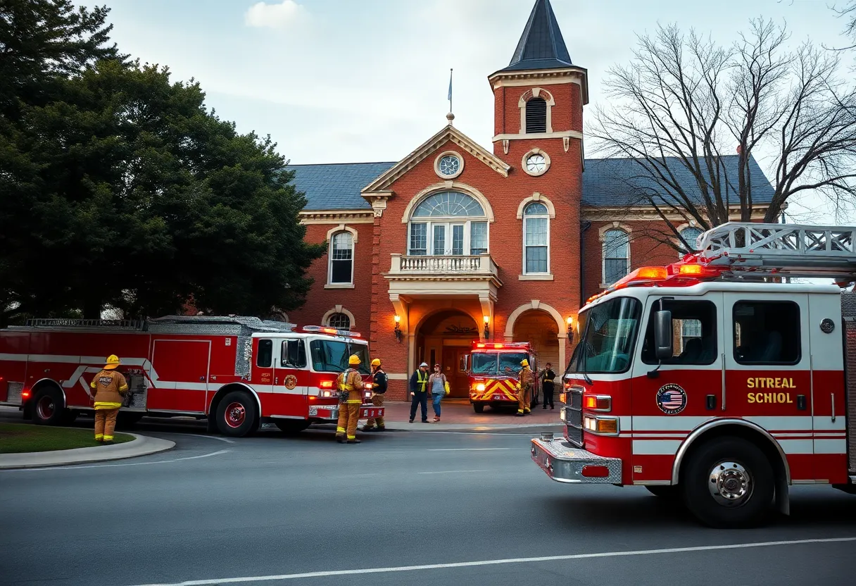 Firefighters managing a fire at a school building