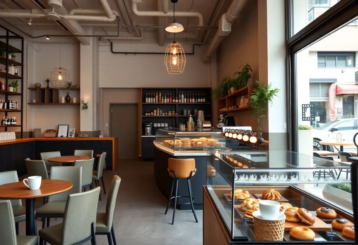 Interior of 77 & Belle coffee shop with seating and coffee displays