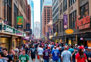 Fans and businesses in uptown Charlotte during the ACC Men's Basketball Tournament