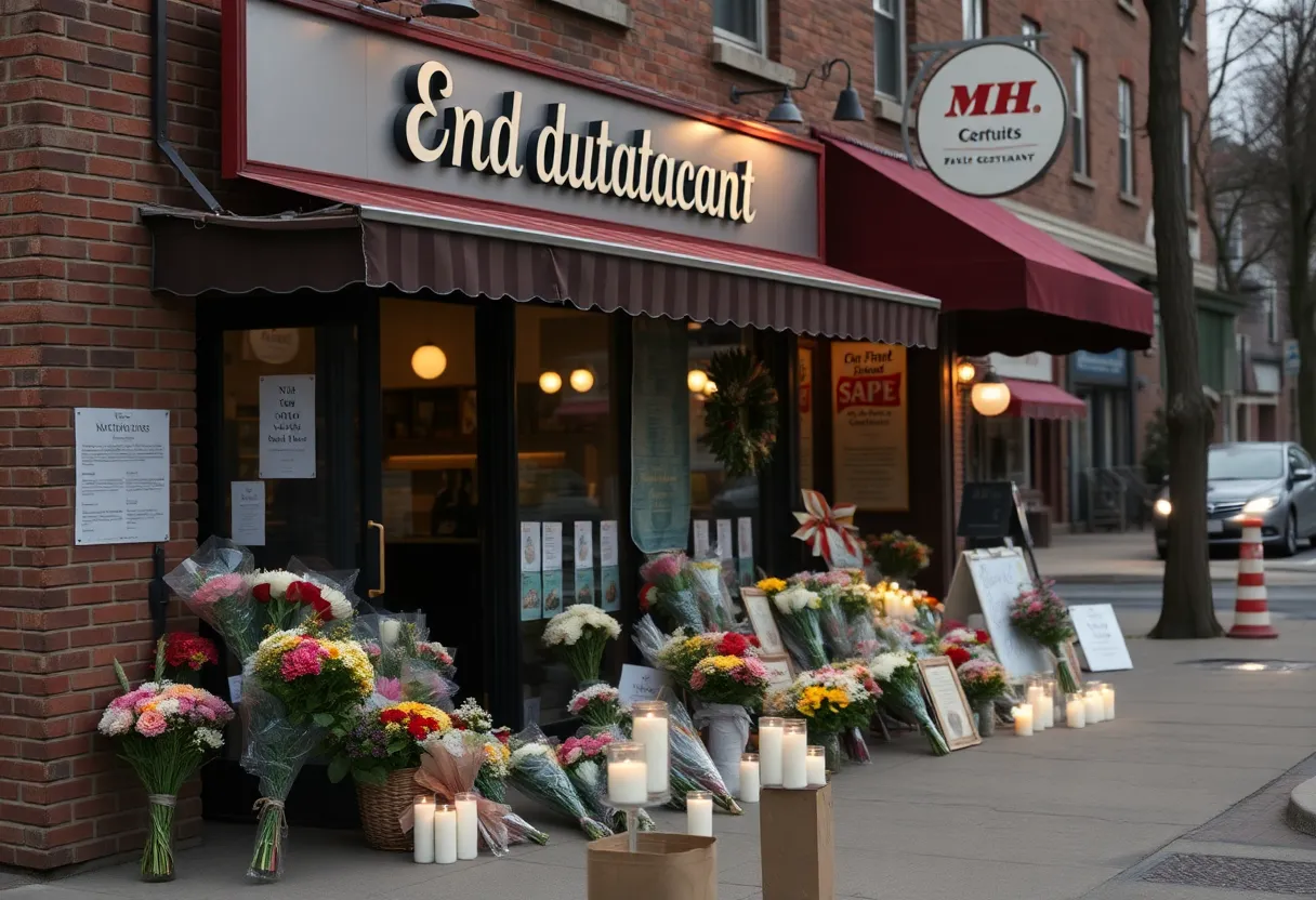 Memorial outside Brooks' Sandwich House with flowers and candles