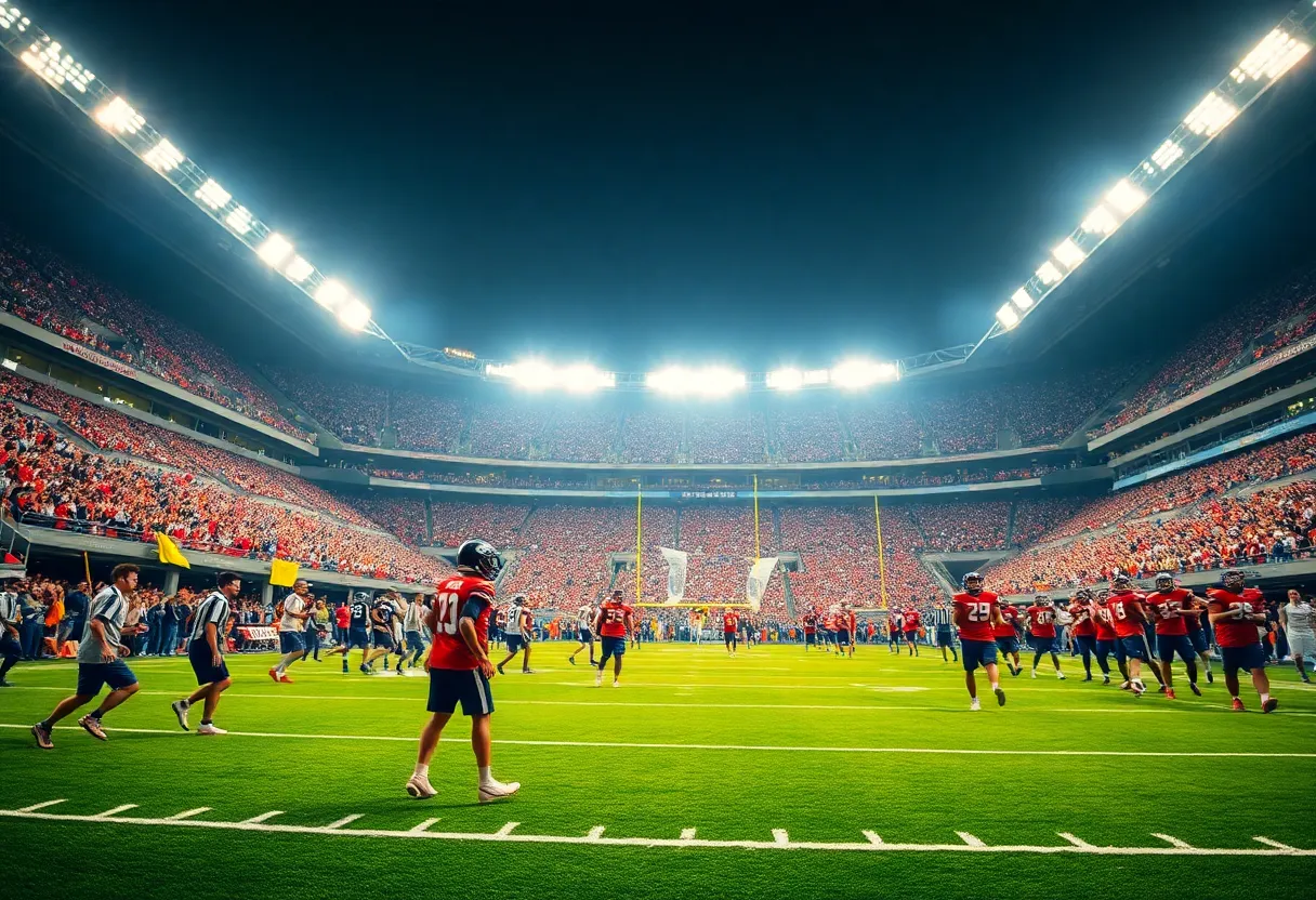 A football game scene featuring the Carolina Panthers with fans cheering.