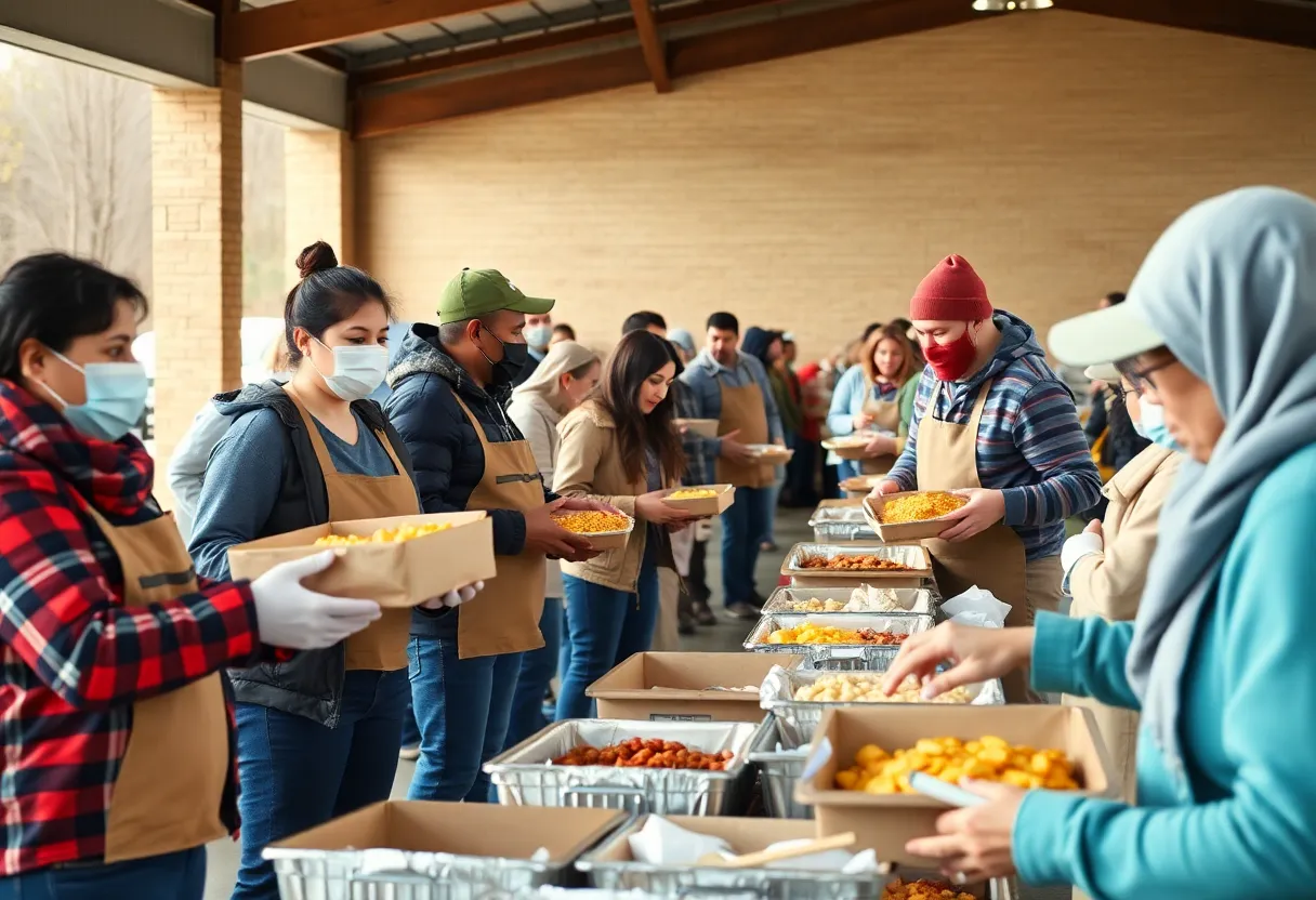 Volunteers preparing Thanksgiving meals for community outreach.