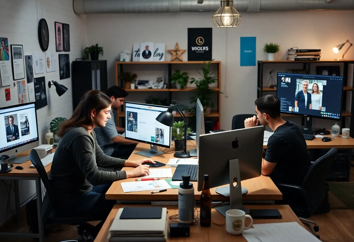 Designers working on branding solutions in a modern office space