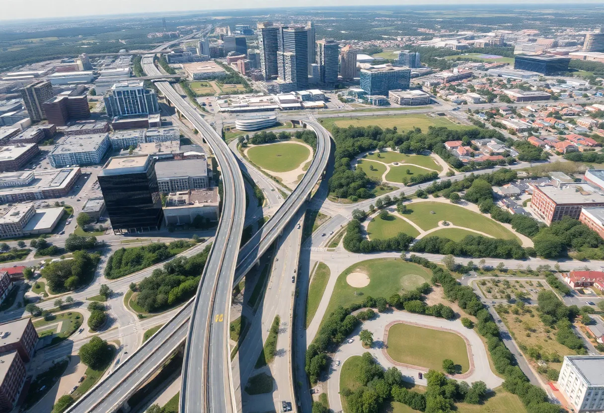 Aerial view of Charlotte NC highlighting urban development.