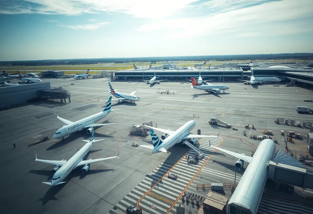 Aerial view of Charlotte Douglas International Airport with planes and terminals visible.